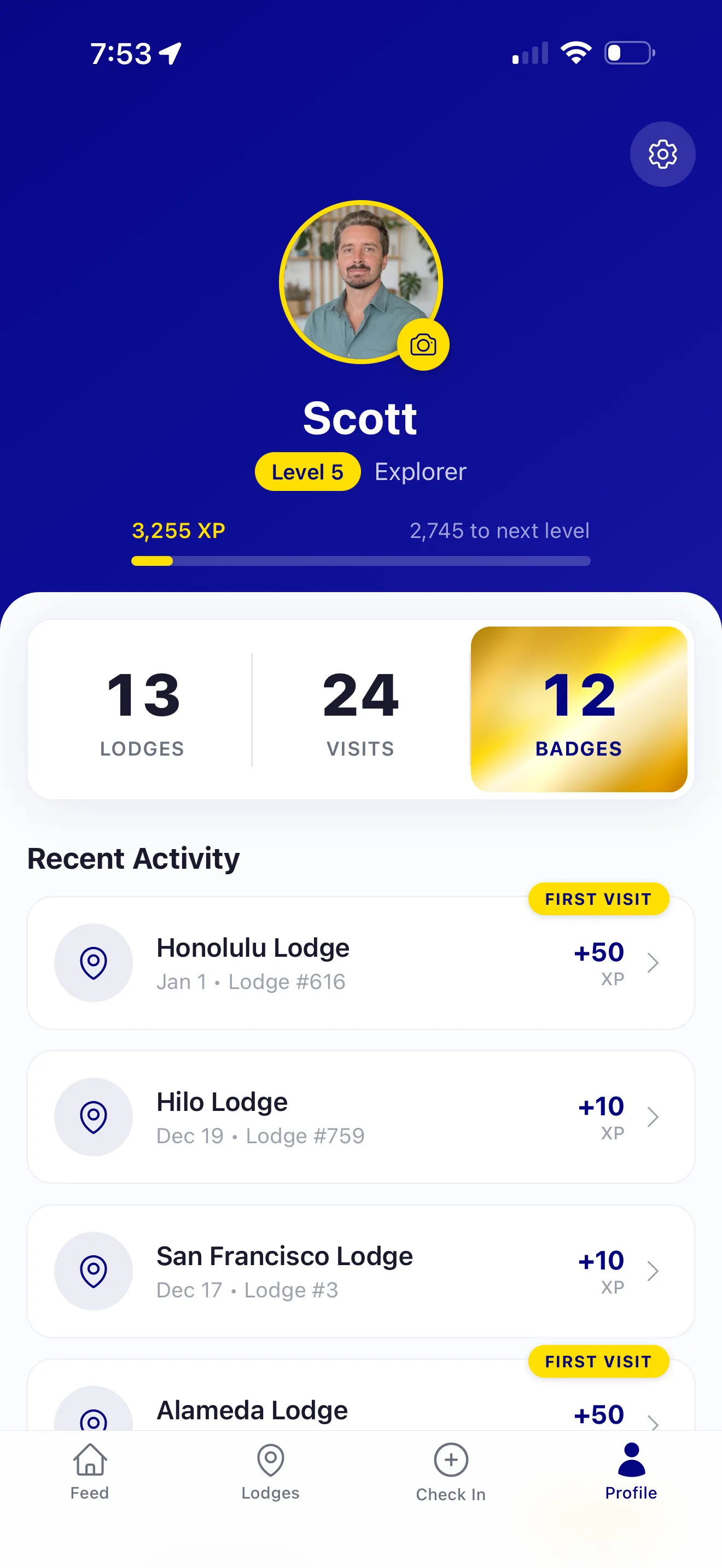 YELK app profile screen showing Level 5 Explorer with 13 lodges visited, 24 total visits, and 12 badges earned